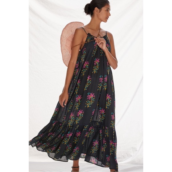 SOLD Anthropologie Flounced Maxi Lounge Dress Black Motif Floral - Picture 15 of 15